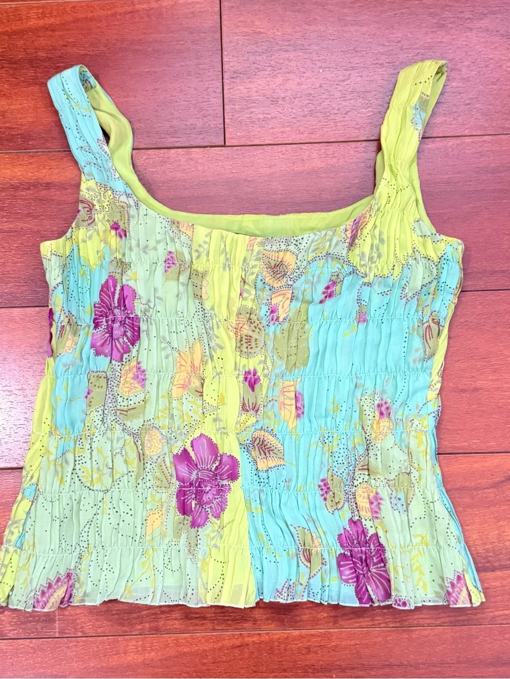 Smocked Square-Neck Tank Top in Lime Green with Purple Floral
